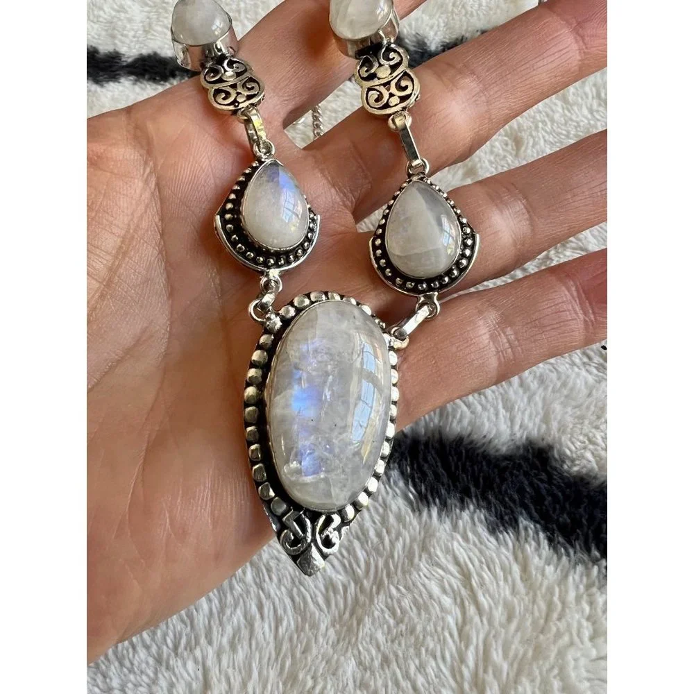 925 Rainbow Flash Moonstone Necklace + Ring Set - Picture 2 of 9